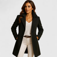 Frieda | Damen Women Coat Eleganter Langer Mantel mit Knopfleiste in Schwarz