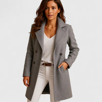 Frieda | Damen Women Coat Eleganter Langer Mantel mit Knopfleiste in Grau