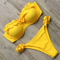 Damen Zweiteiliger Bikini mit Trägerlosem Oberteil Volants und Bindung am Rücken in Gelb