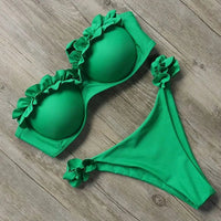 Damen Zweiteiliger Bikini mit Trägerlosem Oberteil Volants und Bindung am Rücken in Grün