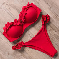 Damen Zweiteiliger Bikini mit Trägerlosem Oberteil Volants und Bindung am Rücken in Rot