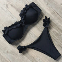 Damen Zweiteiliger Bikini mit Trägerlosem Oberteil Volants und Bindung am Rücken in Schwarz