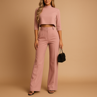 Damen Zweiteiliges Set mit Kurzem Langarm-Oberteil und Gerade Geschnittener Hose in Rosa
