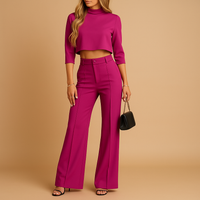 Damen Zweiteiliges Set mit Kurzem Langarm-Oberteil und Gerade Geschnittener Hose in Lila