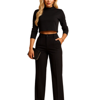 Damen Zweiteiliges Set mit Kurzem Langarm-Oberteil und Gerade Geschnittener Hose in Schwarz