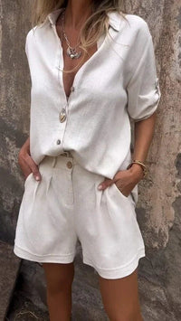 Damen Zweiteiliges Sommer Set mit Knopfleiste und Hemdkragen in Weiß