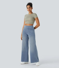 Damenhose mit hohem elastischem Bund und weitem Bein in Hellblau