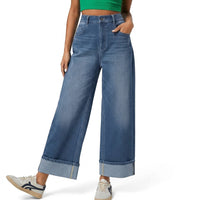 Damenjeans mit hoher Taille, weitem Bein und umgeschlagenen Säumen in Dunkelblau