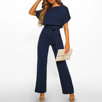 Damen’s Jumpsuit mit kurzen Ärmeln, weitem Bein und Taillenband in Marineblau
