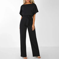 Damen’s Jumpsuit mit kurzen Ärmeln, weitem Bein und Taillenband in Schwarz