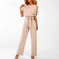 Damen’s Jumpsuit mit kurzen Ärmeln, weitem Bein und Taillenband in Beige