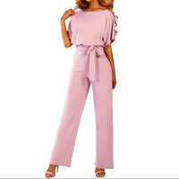 Damen’s Jumpsuit mit kurzen Ärmeln, weitem Bein und Taillenband in Rosa