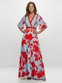 Corinne | V-Ausschnitt Kurzarm Blumenkleid in Blumen