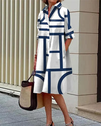 Elegantes Kleid mit geometrischem Muster für Frauen | Midi in Blau