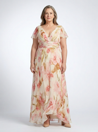 Elara | V-Ausschnitt Kurzarm Blumenkleid in Pink