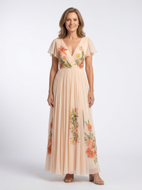 Calista | V-Ausschnitt Kurzarm Falten Maxi Kleid in Blumen