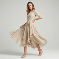 Ella | Damen Festliches Spitzen Midikleid in Beige