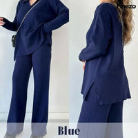 Elara™ | V-Ausschnitt Freizeit Spalten Strick Zweiteiliges Set in Blau