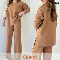 Elara™ | V-Ausschnitt Freizeit Spalten Strick Zweiteiliges Set in Khaki