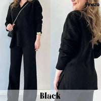 Elara™ | V-Ausschnitt Freizeit Spalten Strick Zweiteiliges Set in Schwarz