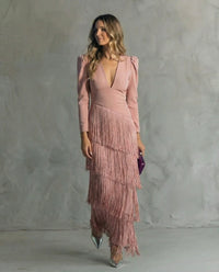 Esmeralda | Damen V-Ausschnitt Fransen Midikleid in Rosa
