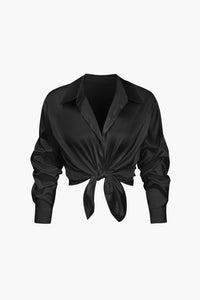 Damen Geknöpft Lang Bluse in Schwarz