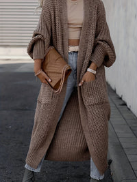 Damen Maxi Cardigan mit langen Ärmeln und Taschen in Kaffee