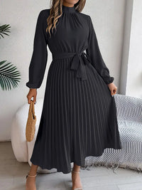 Sana | Damen Abend Plissierter Hochgeschlossener Midikleid in Schwarz