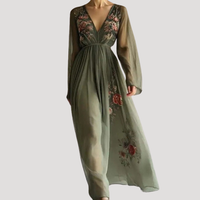Fiona | Damen V-Ausschnitt Blumen Maxikleid mit Empire-Taille in Grün