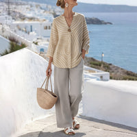 Gestreiftes Blusen- und Weithosen-Set für Damen in Beige