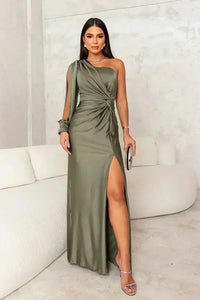 Sophie | Damen Maxikleid elegant einseitig schulterfrei in Grün