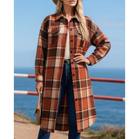 Damen Longline-Mantel mit Karomuster, Knöpfen und Taschen in Rot