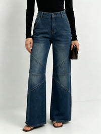 Helene | Weite High-Waist Jeans mit Ziernähten in Blau-Schwarz