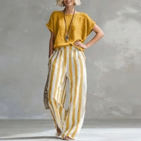 Hermione | Damen Gestreiftes Wide Leg Sommer Set in Gelb