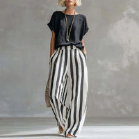 Hermione | Damen Gestreiftes Wide Leg Sommer Set in Schwarz