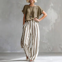 Hermione | Damen Gestreiftes Wide Leg Sommer Set in Khaki