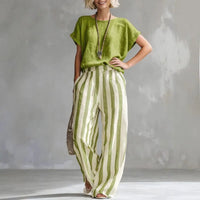 Hermione | Damen Gestreiftes Wide Leg Sommer Set in Grün
