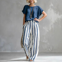 Hermione | Damen Gestreiftes Wide Leg Sommer Set in Dunkelblau