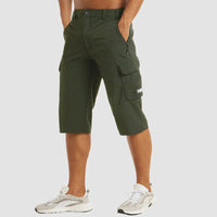 Herren 3/4 Cargo-Shorts mit Reißverschlusstaschen und Gürtelschlaufen in Dunkelgrün