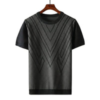 Herren Kurzarm Strickoberteil mit geometrischem V Muster in Schwarz