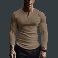 Herren Langarmshirt mit Rippstruktur und Knopfleiste in Khaki