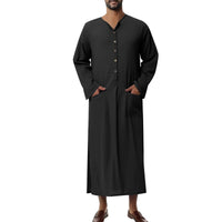 Moritz | Herren Leinen Tunika Kaftan bodenlang weiter Schnitt Stehkragen Knopfblende in Schwarz