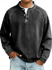 Dominik | Herren Retro Henley Strick Langarm im Used-Look in Schwarz