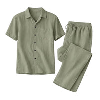 Herren-Set aus kurzärmeligem Hemd mit Knopfleiste und Hose mit Kordelzug in Grün