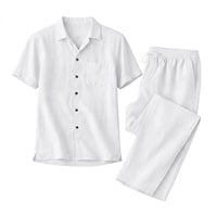 Herren-Set aus kurzärmeligem Hemd mit Knopfleiste und Hose mit Kordelzug in Weiß