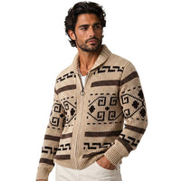 Herren-Strickjacke mit geometrischem Muster, Reißverschluss und Schalkragen in Khaki