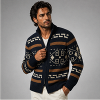 Herren-Strickjacke mit geometrischem Muster, Reißverschluss und Schalkragen in Marineblau