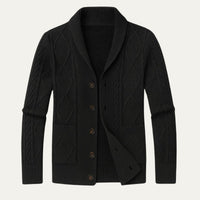 Herren-Strickjacke mit Schalkragen und Zopfmuster in Schwarz