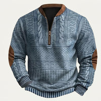 Herren-Strickpullover mit Muster, halbem Reißverschluss und Ellbogen-Patches in Blau
