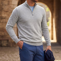 Herren-Strickpullover mit Viertelreißverschluss in Graumeliert